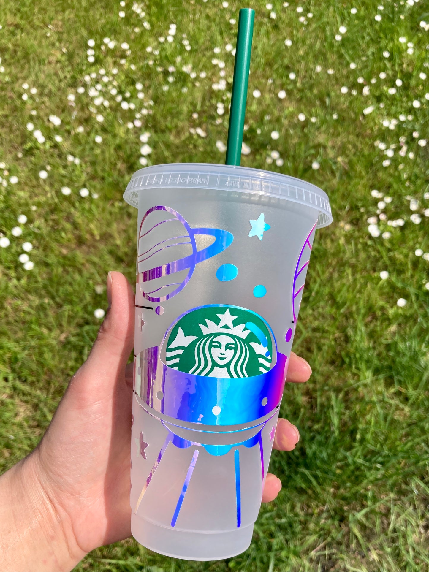 Custom Starbucks inspired reusable cold cup tumbler with straw - holographic space alien design