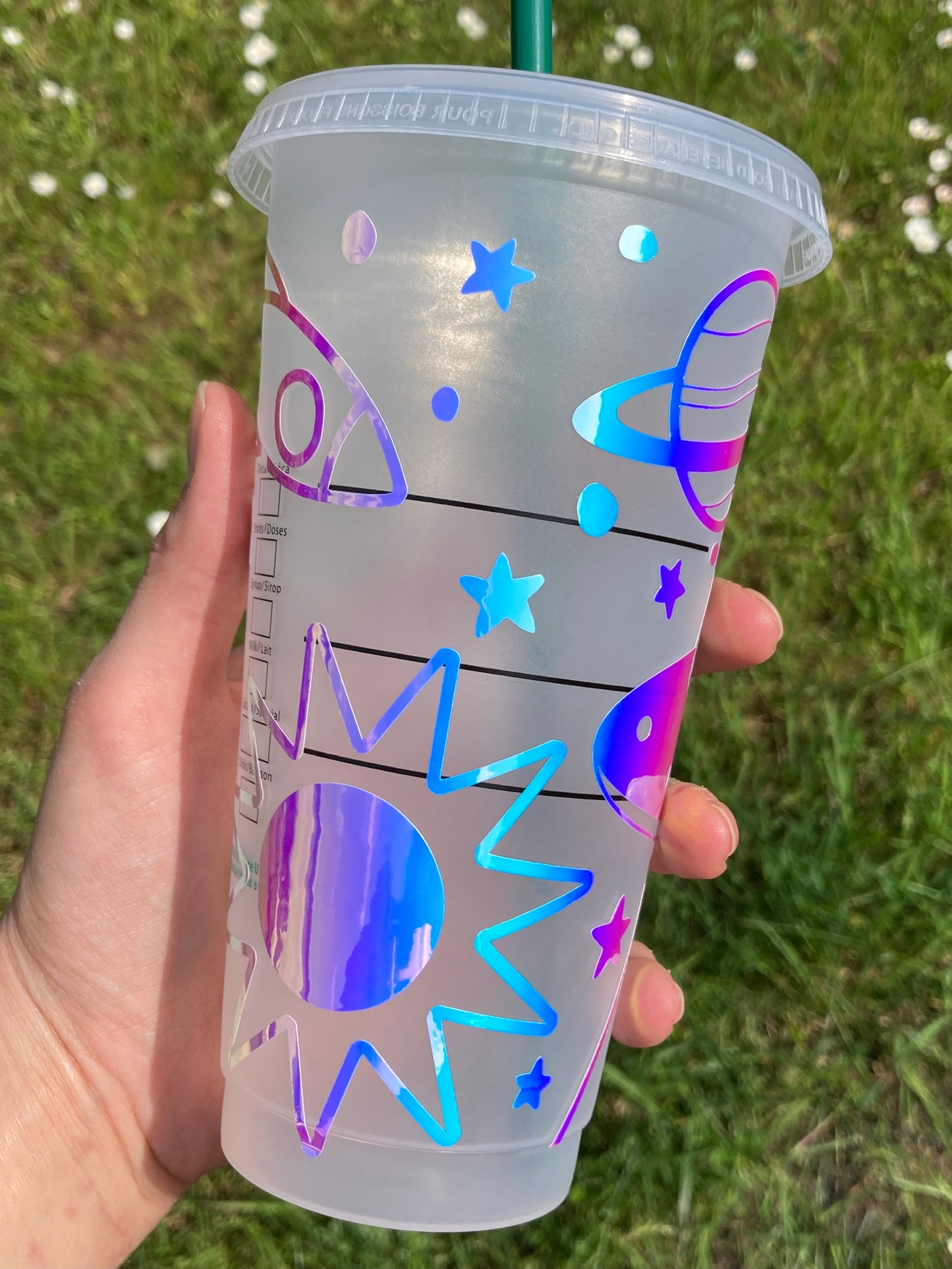 Custom Starbucks inspired reusable cold cup tumbler with straw - holographic space alien design