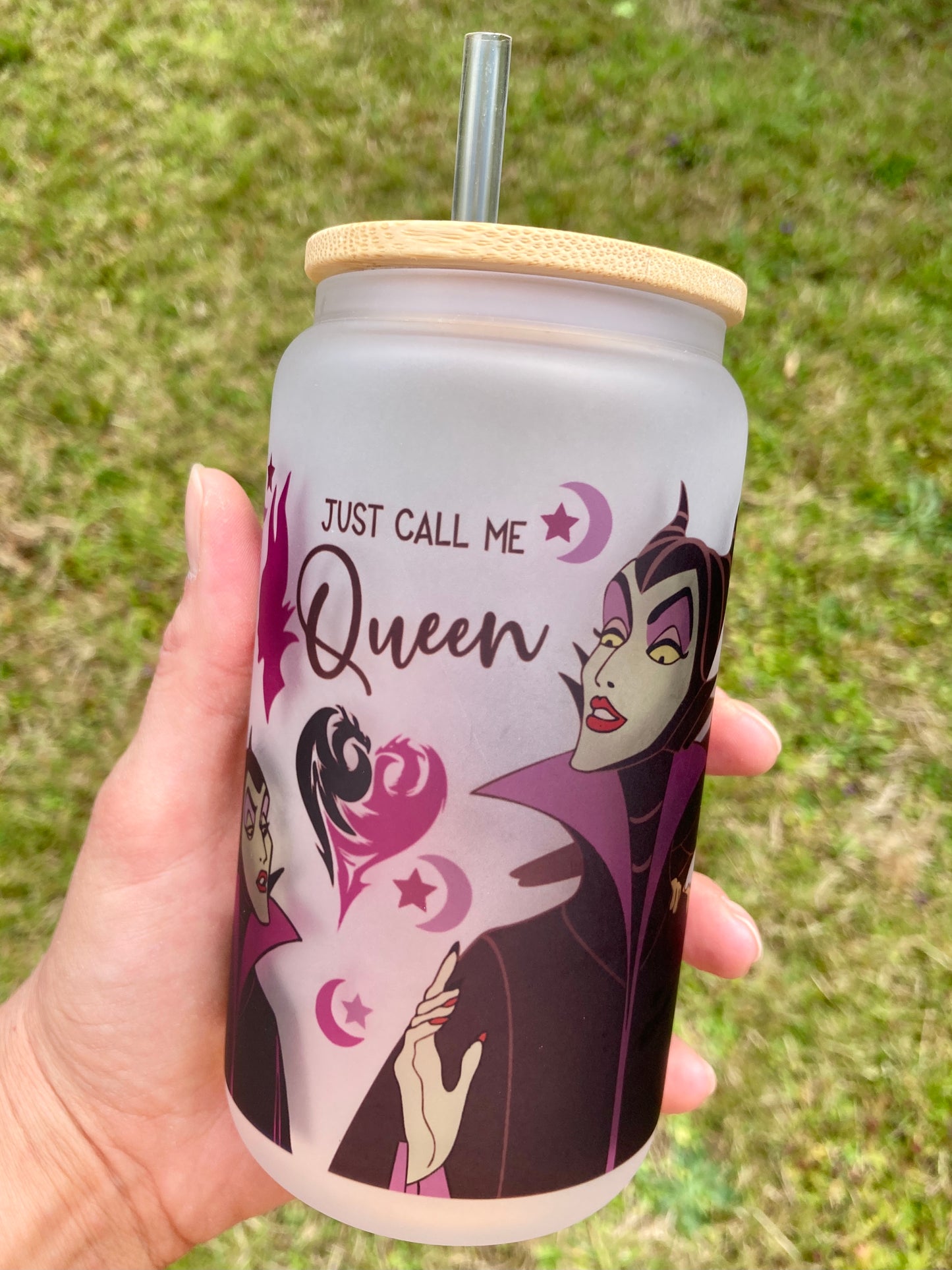 Maleficent - Call Me Queen - Libbey cup - glass can with bamboo lid and glass straw