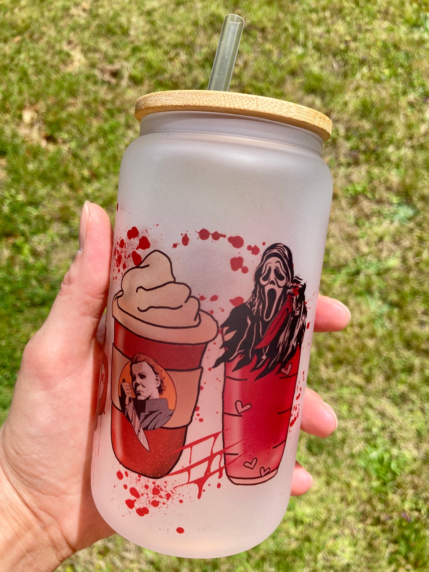 Horror Villains - Libbey cup - glass can with bamboo lid and glass straw