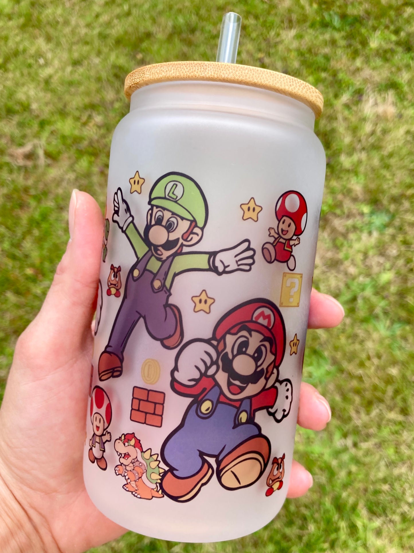 Mario Bros - Libbey cup - glass can with bamboo lid and glass straw