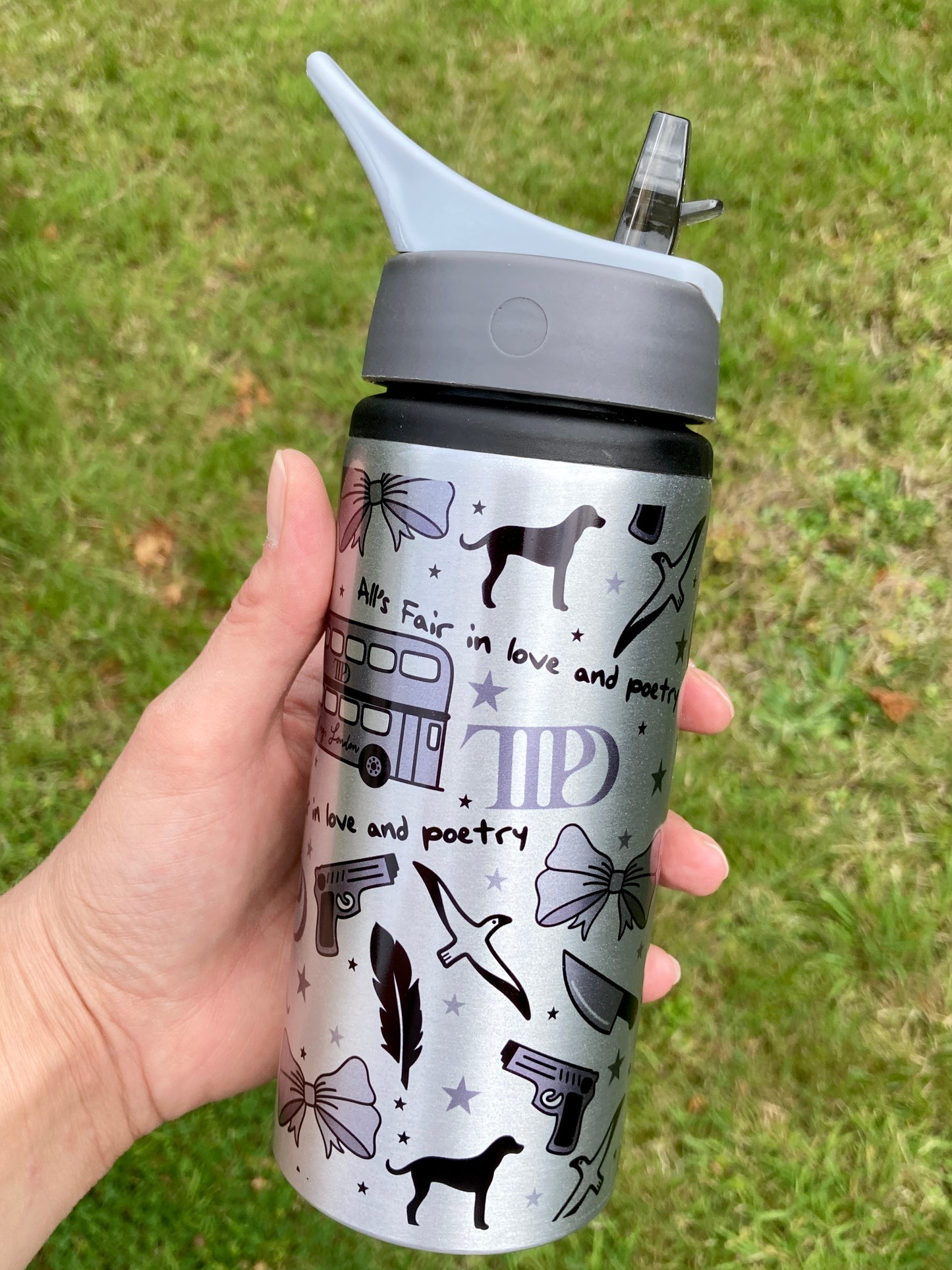 Taylor Swift TTPD lyrics inspired silver water bottle 600ml