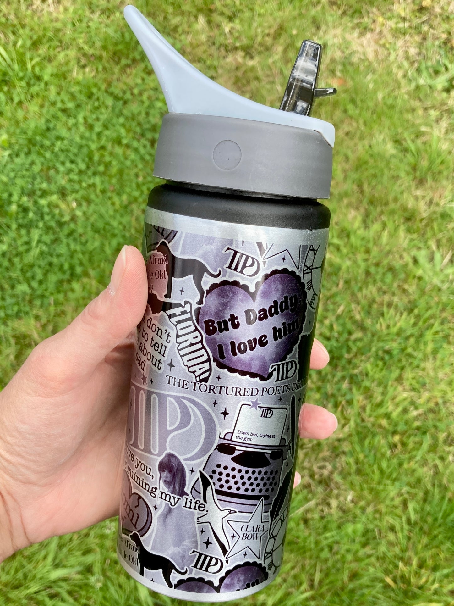 Taylor Swift TTPD lyrics inspired silver water bottle 600ml