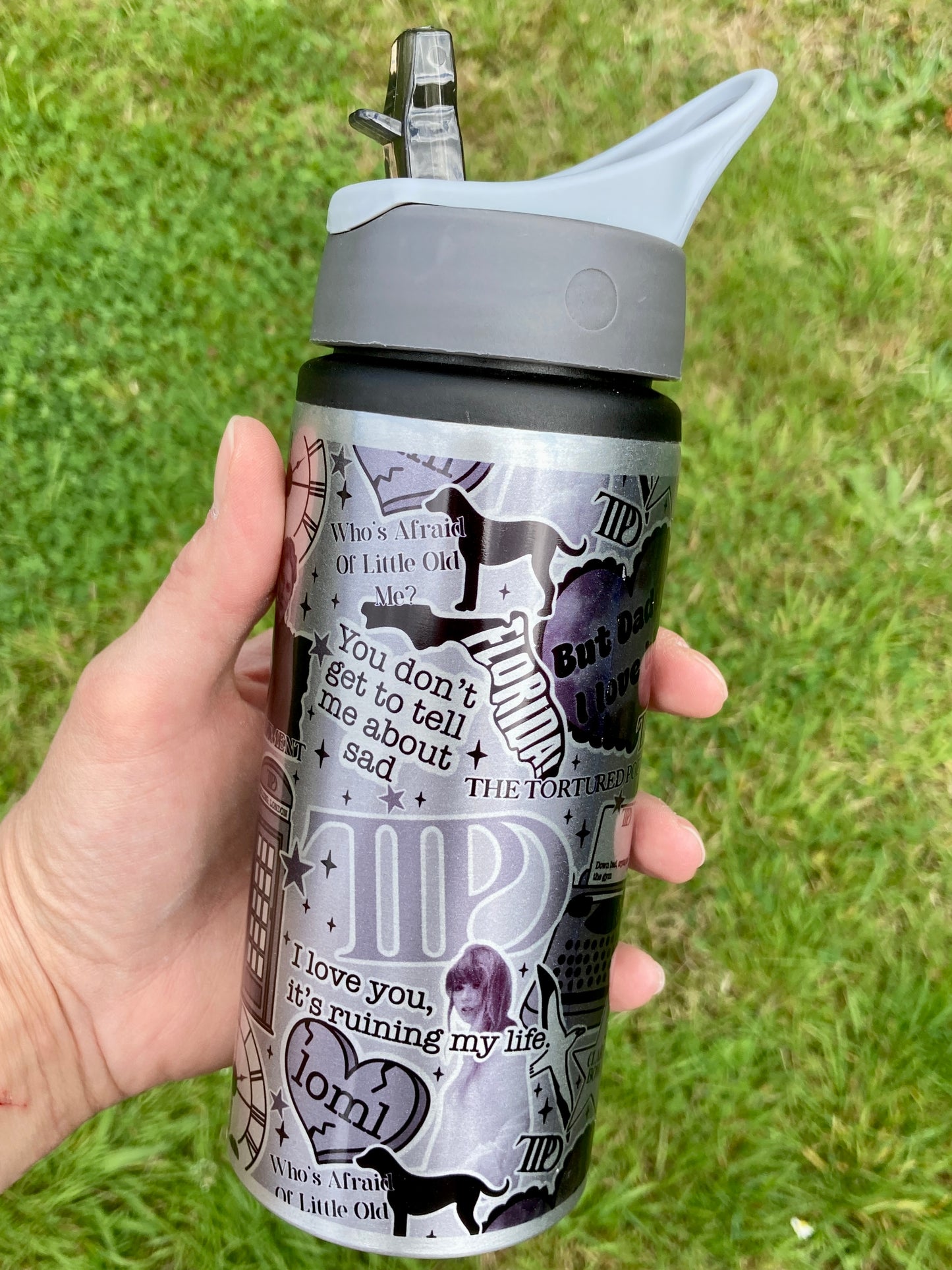 Taylor Swift TTPD lyrics inspired silver water bottle 600ml