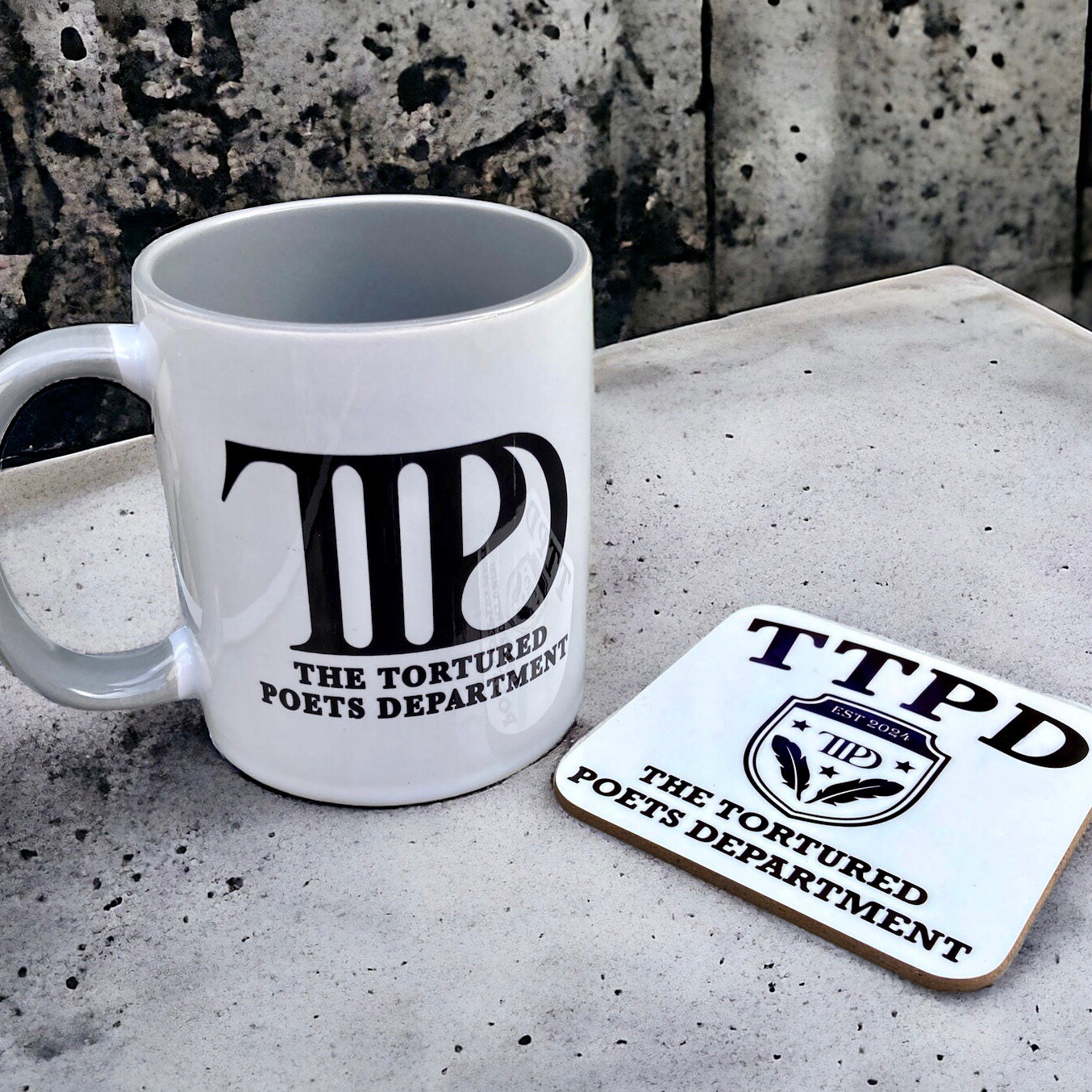 Custom grey TTPD mug and coaster set