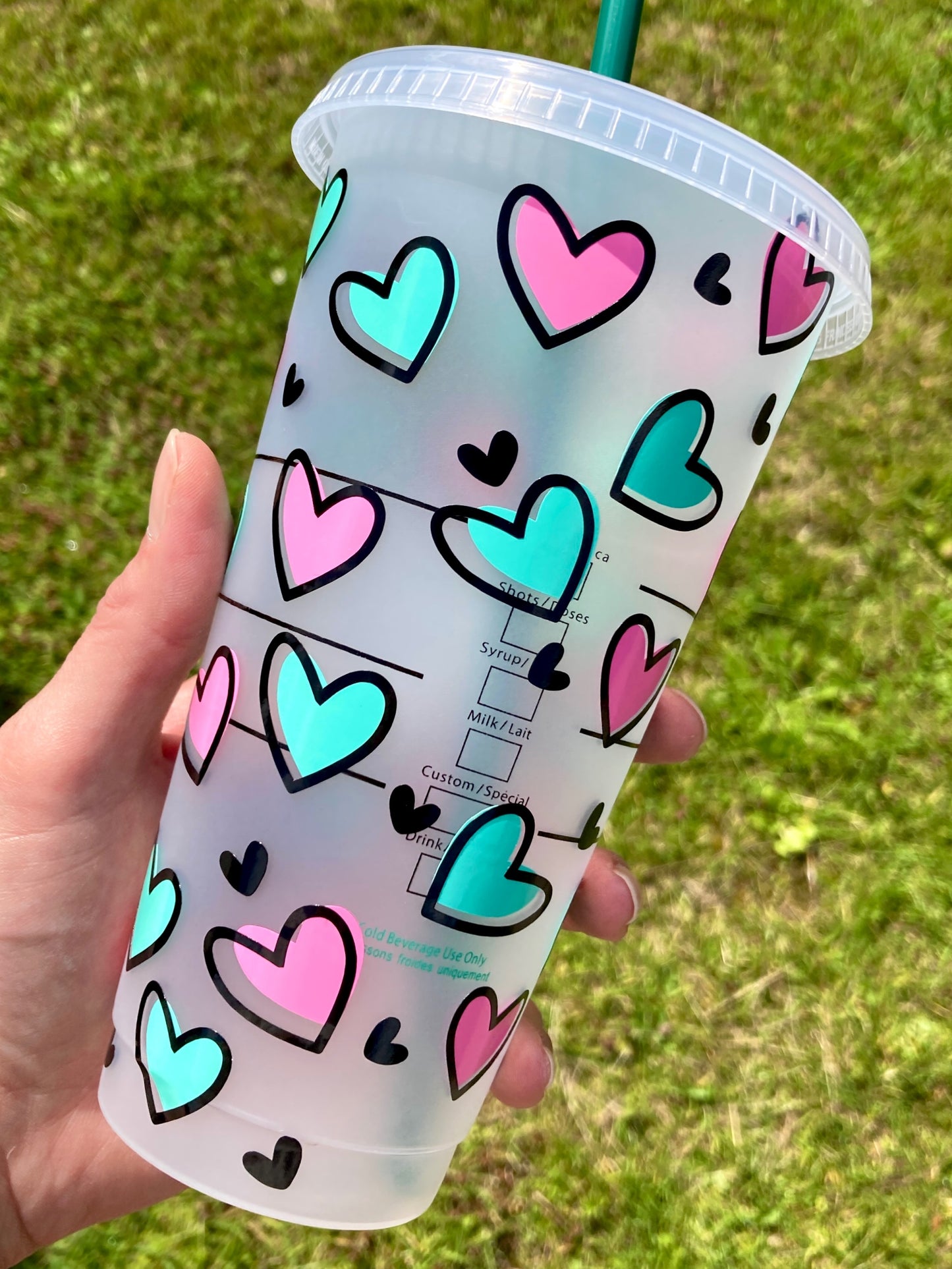 Starbucks inspired reusable cup with straw - pink and turquoise hearts