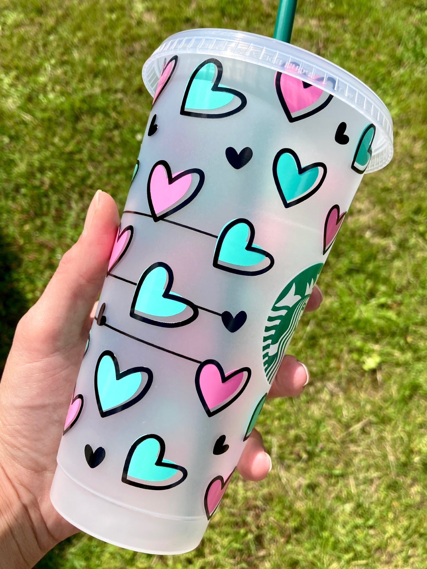 Starbucks inspired reusable cup with straw - pink and turquoise hearts