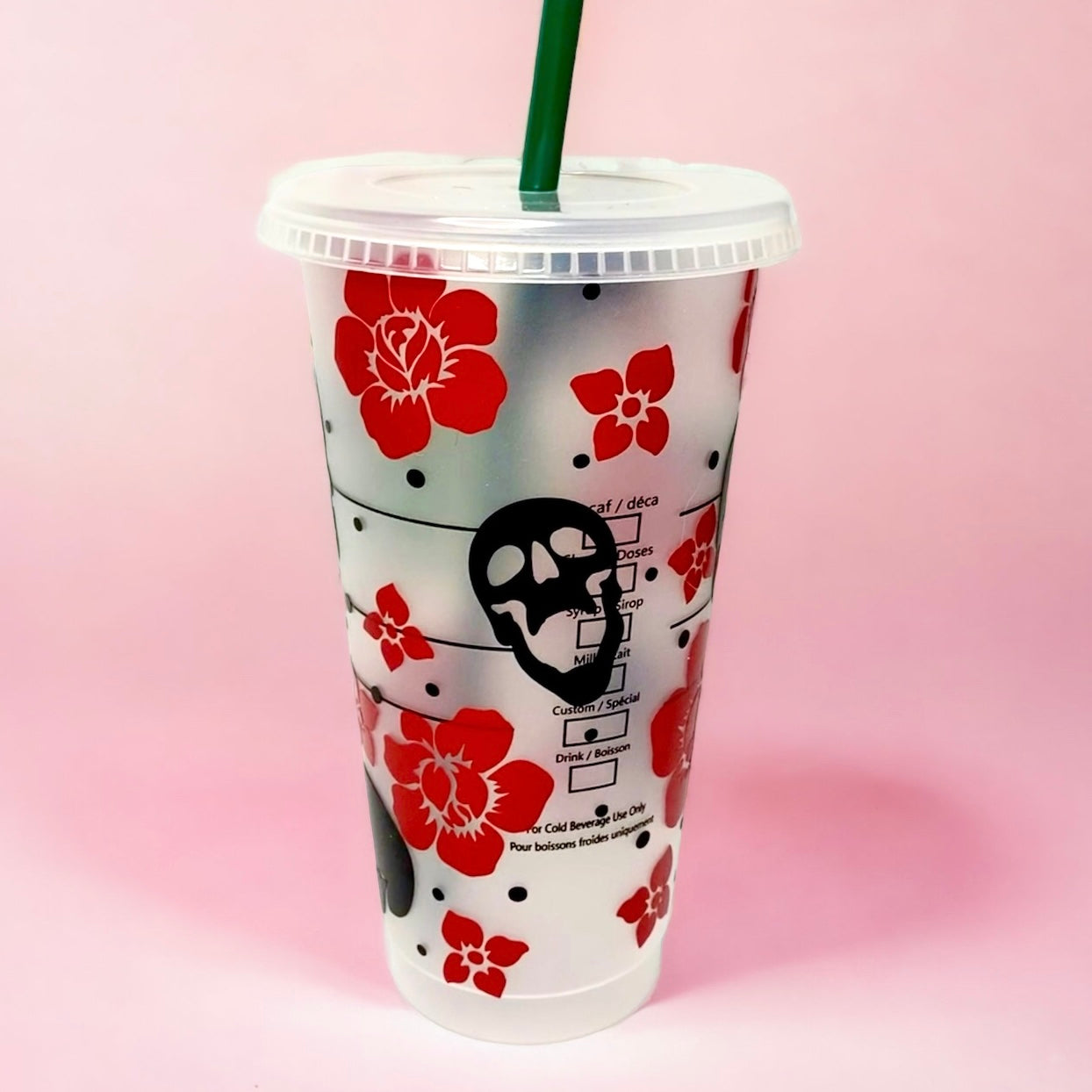 Starbucks inspired reusable cup with straw - skulls and flowers