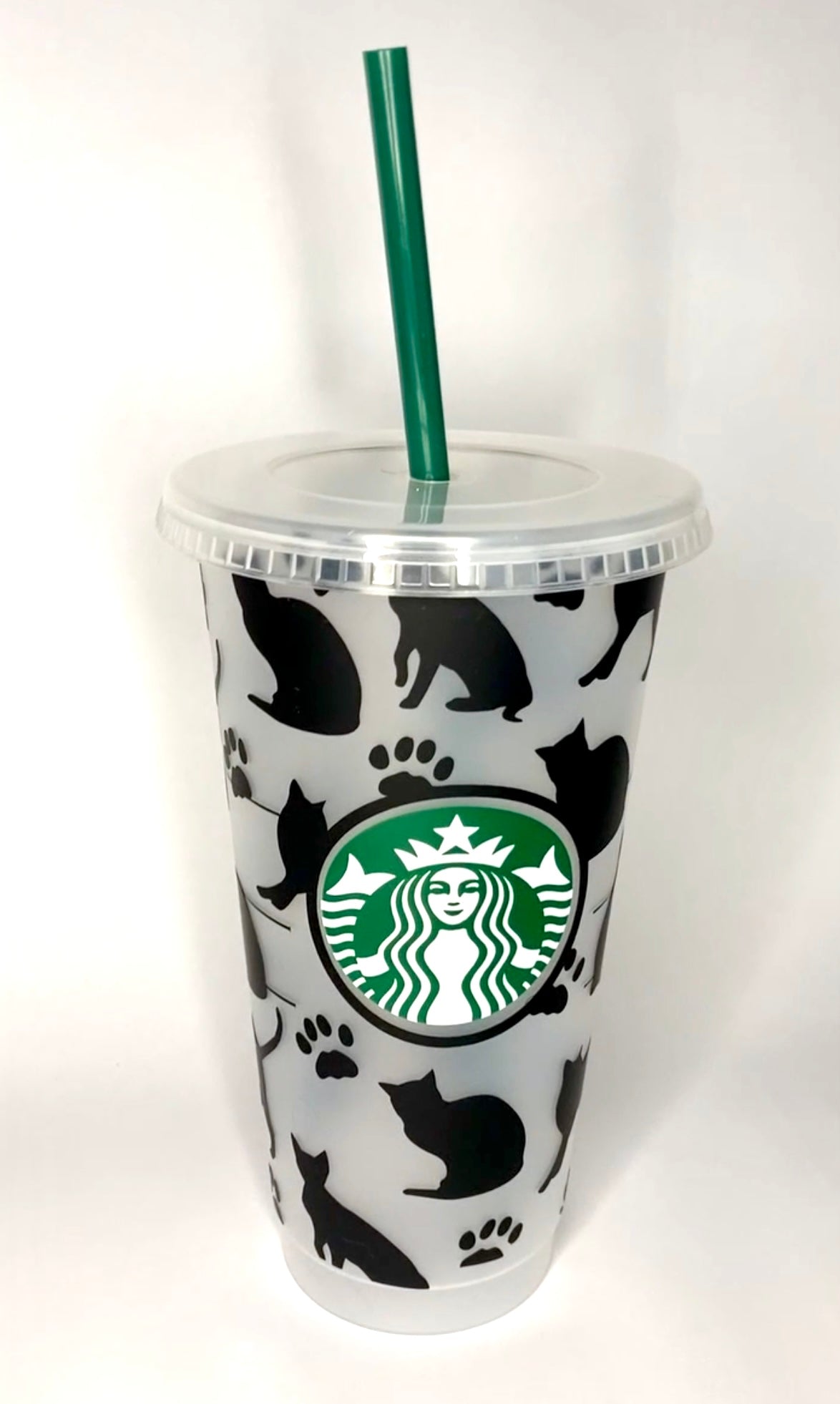 Custom Starbucks inspired reusable cold cup tumbler with straw - black cats & paws