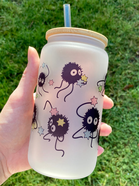 Studio Ghibli Soot sprite - Libbey cup - glass can with straw handmade