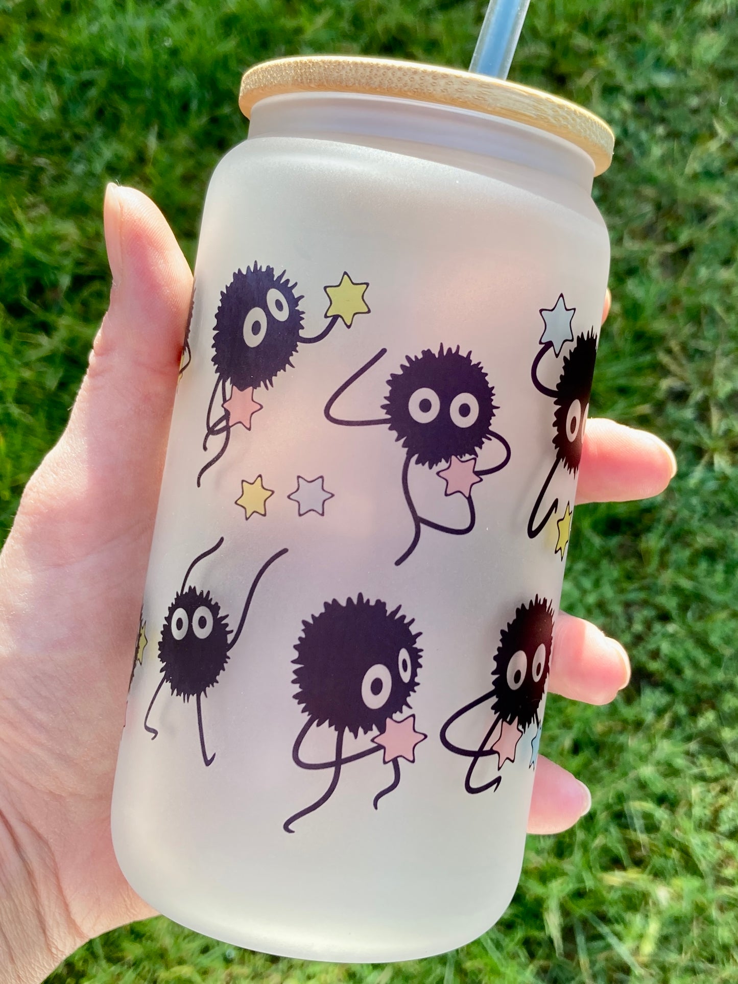 Studio Ghibli Soot sprite - Libbey cup - glass can with straw handmade