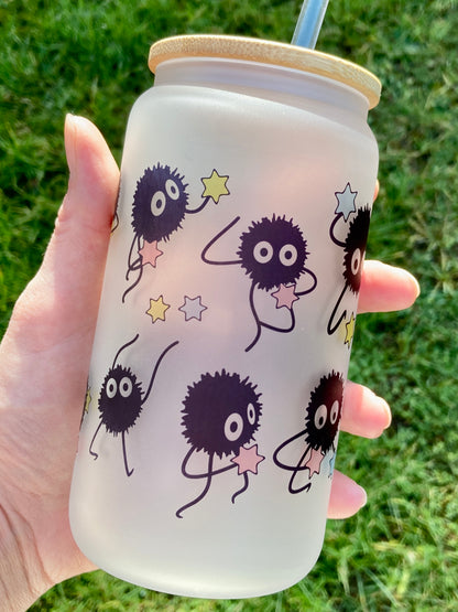 Studio Ghibli Soot sprite - Libbey cup - glass can with straw handmade