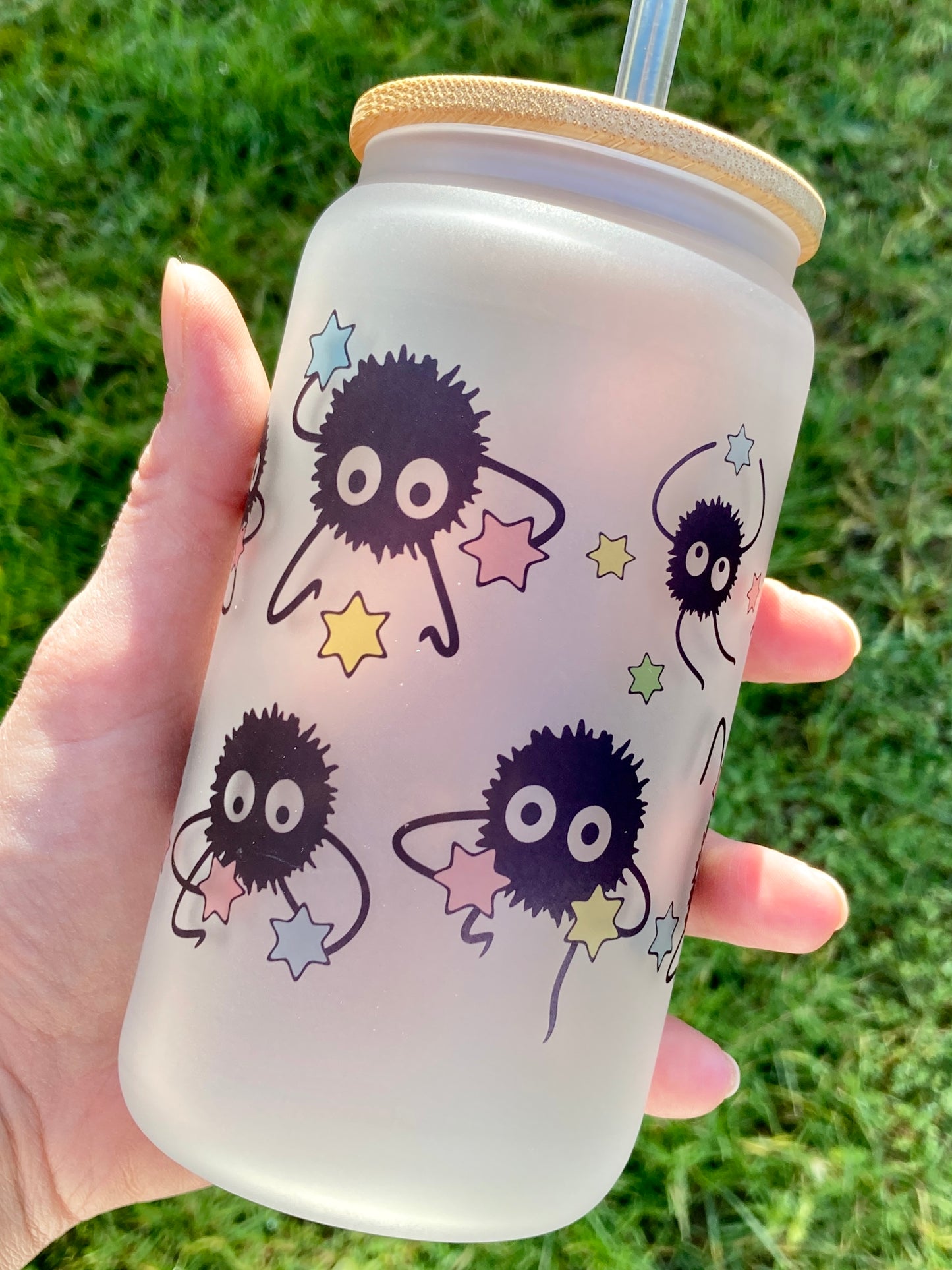 Studio Ghibli Soot sprite - Libbey cup - glass can with straw handmade