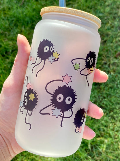 Studio Ghibli Soot sprite - Libbey cup - glass can with straw handmade