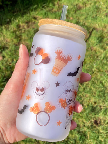 Halloween Mickey parks - Libbey cup - glass can with straw handmade