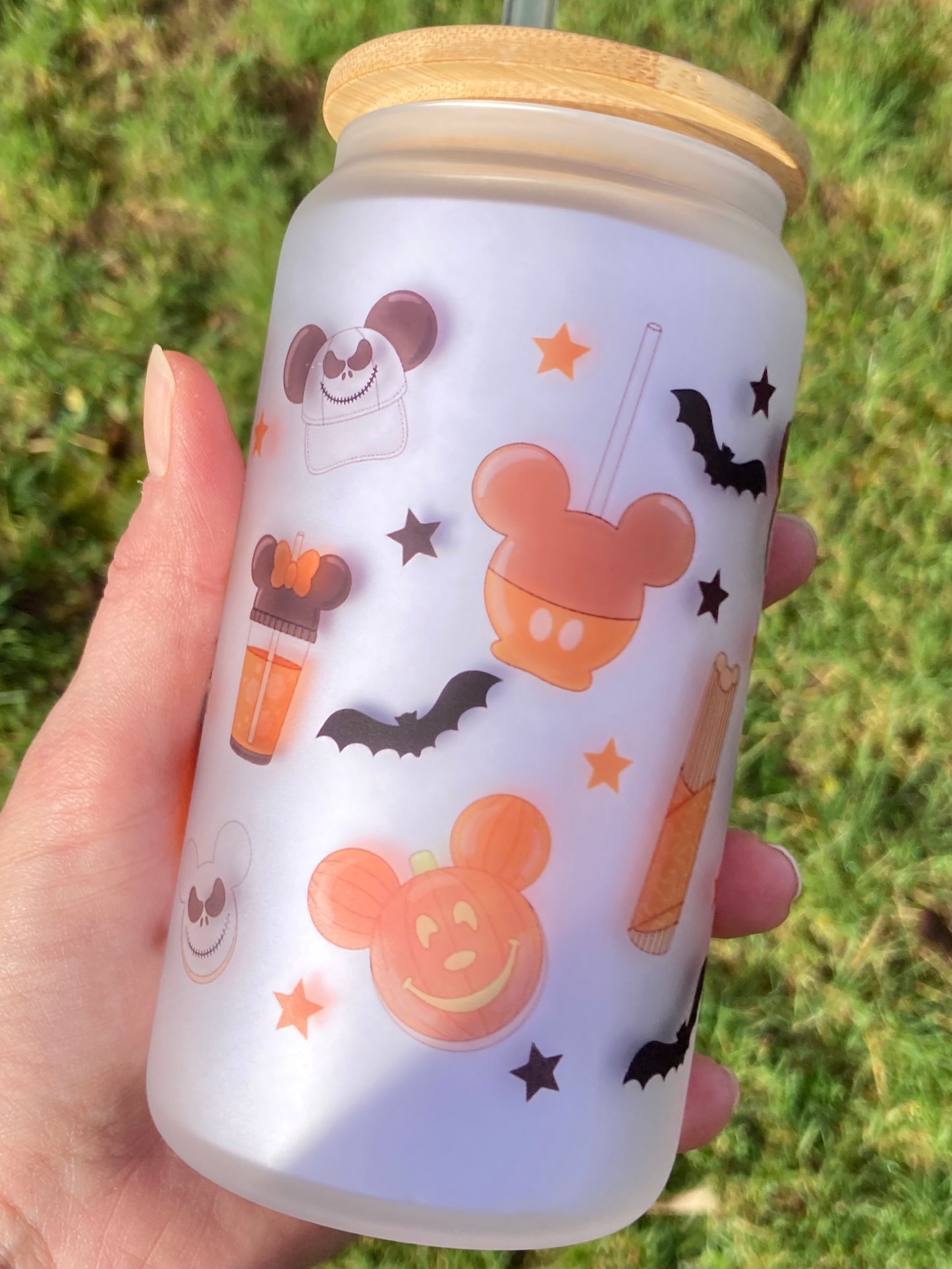 Halloween Mickey parks - Libbey cup - glass can with straw handmade