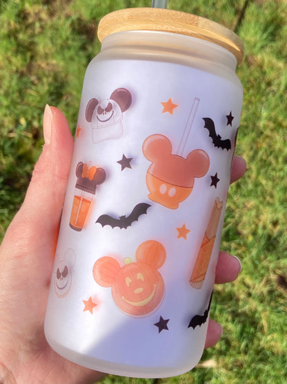 Halloween Mickey parks - Libbey cup - glass can with straw handmade