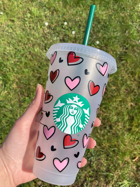 Starbucks inspired reusable cup with straw - pink and burgundy hearts