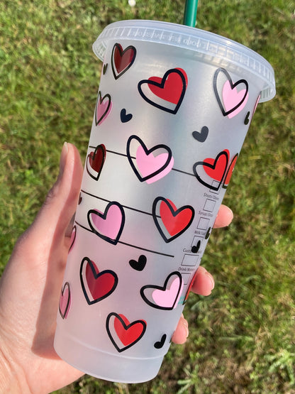 Starbucks inspired reusable cup with straw - pink and burgundy hearts