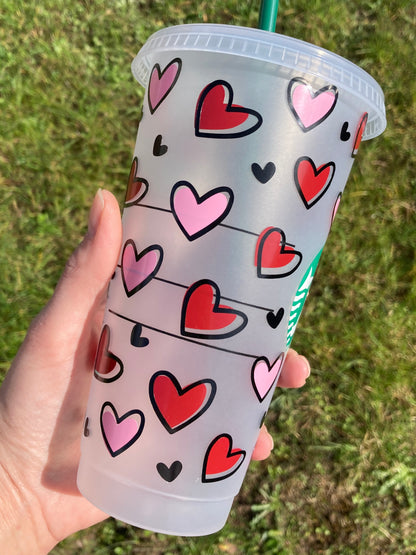 Starbucks inspired reusable cup with straw - pink and burgundy hearts