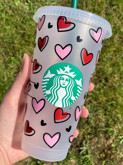 Starbucks inspired reusable cup with straw - pink and burgundy hearts