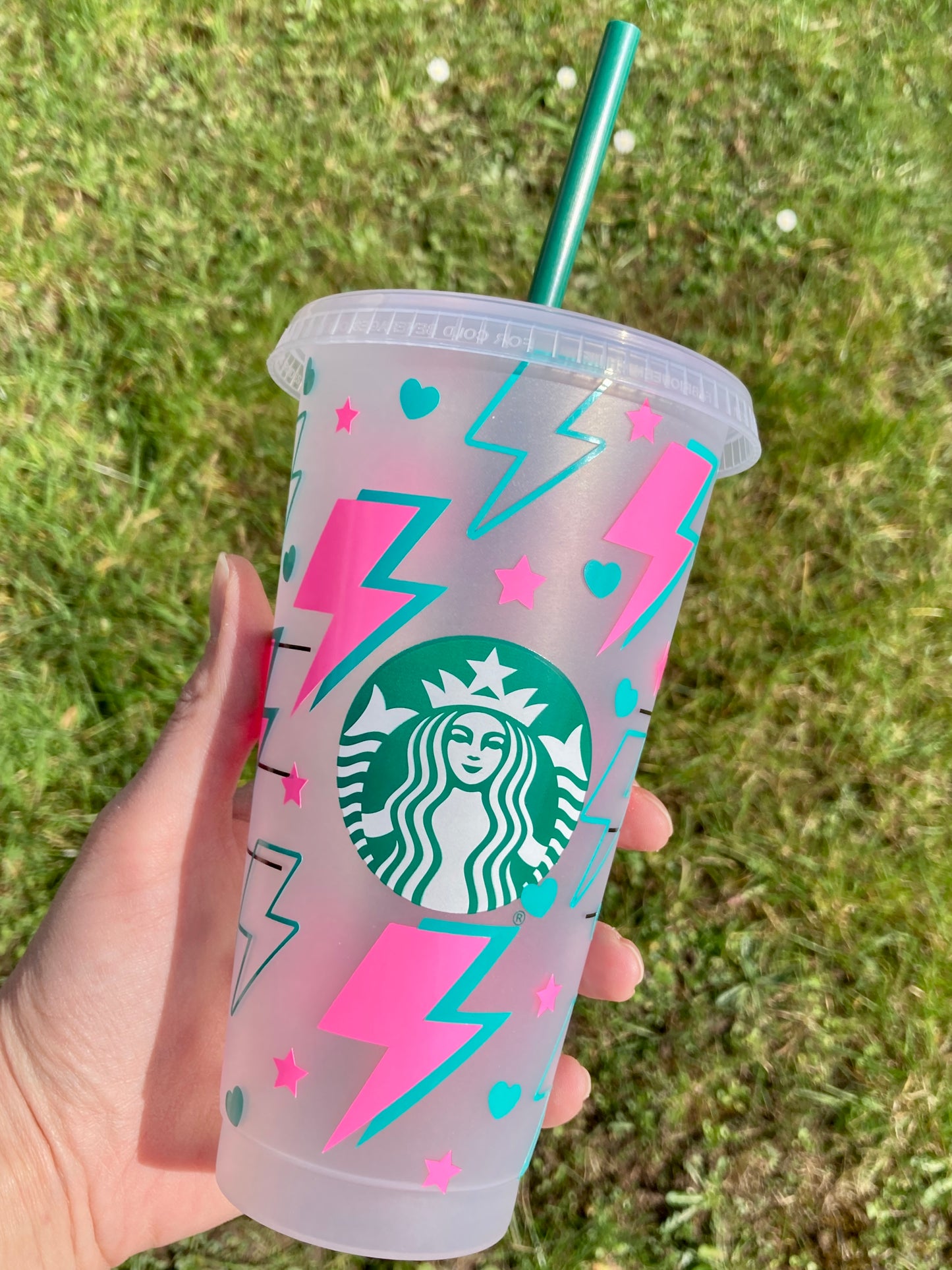 Starbucks inspired reusable cup with straw - neon pink lightning bolts