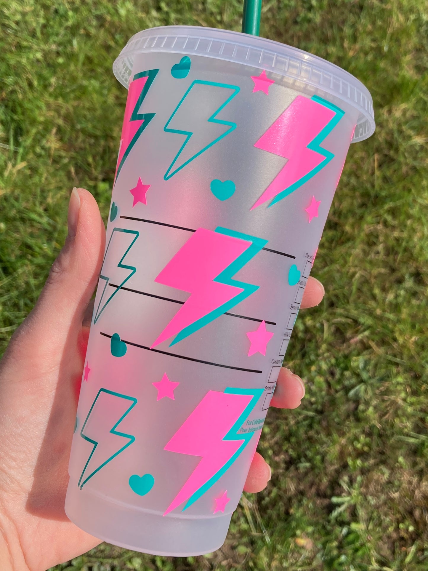 Starbucks inspired reusable cup with straw - neon pink lightning bolts