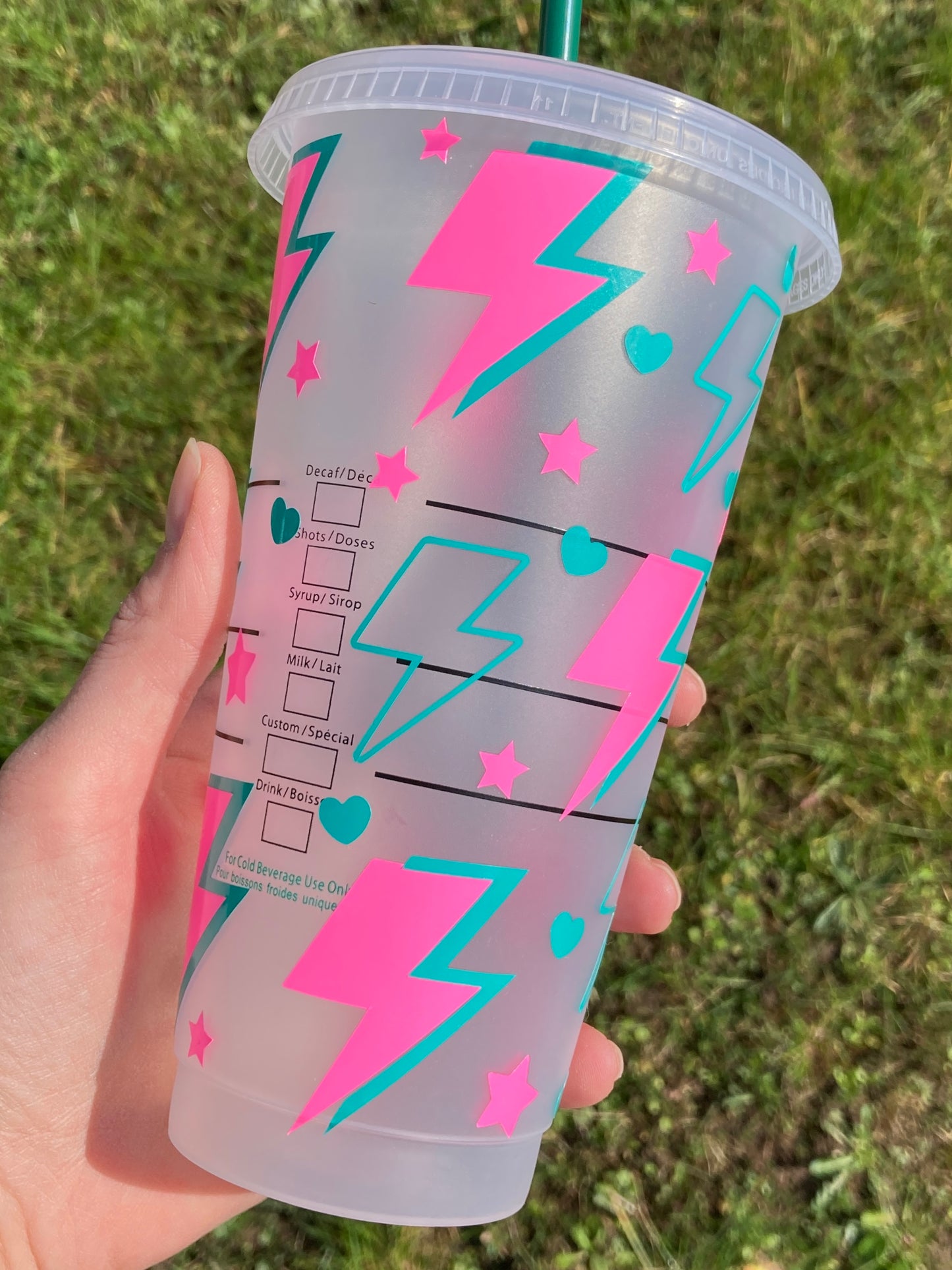 Starbucks inspired reusable cup with straw - neon pink lightning bolts