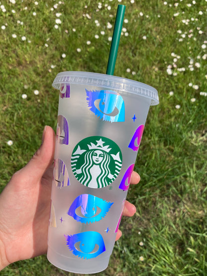 Custom Starbucks inspired reusable cold cup tumbler with straw - holographic eyes design