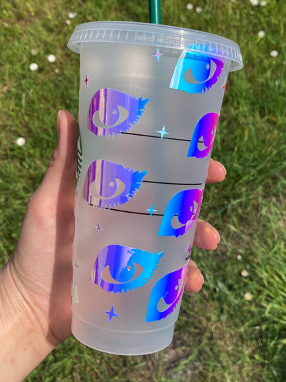 Custom Starbucks inspired reusable cold cup tumbler with straw - holographic eyes design