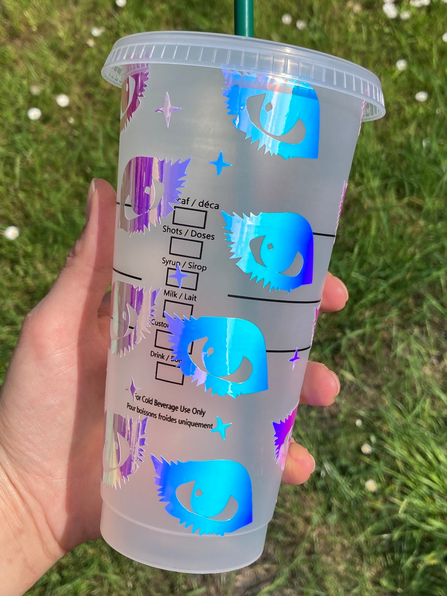 Custom Starbucks inspired reusable cold cup tumbler with straw - holographic eyes design