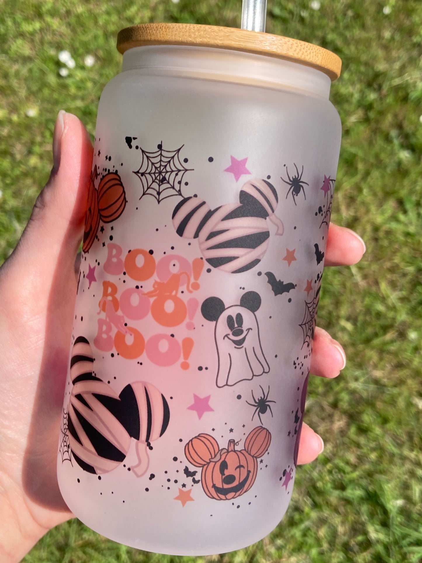 Halloween Mickey parks - Libbey cup - glass can with straw handmade