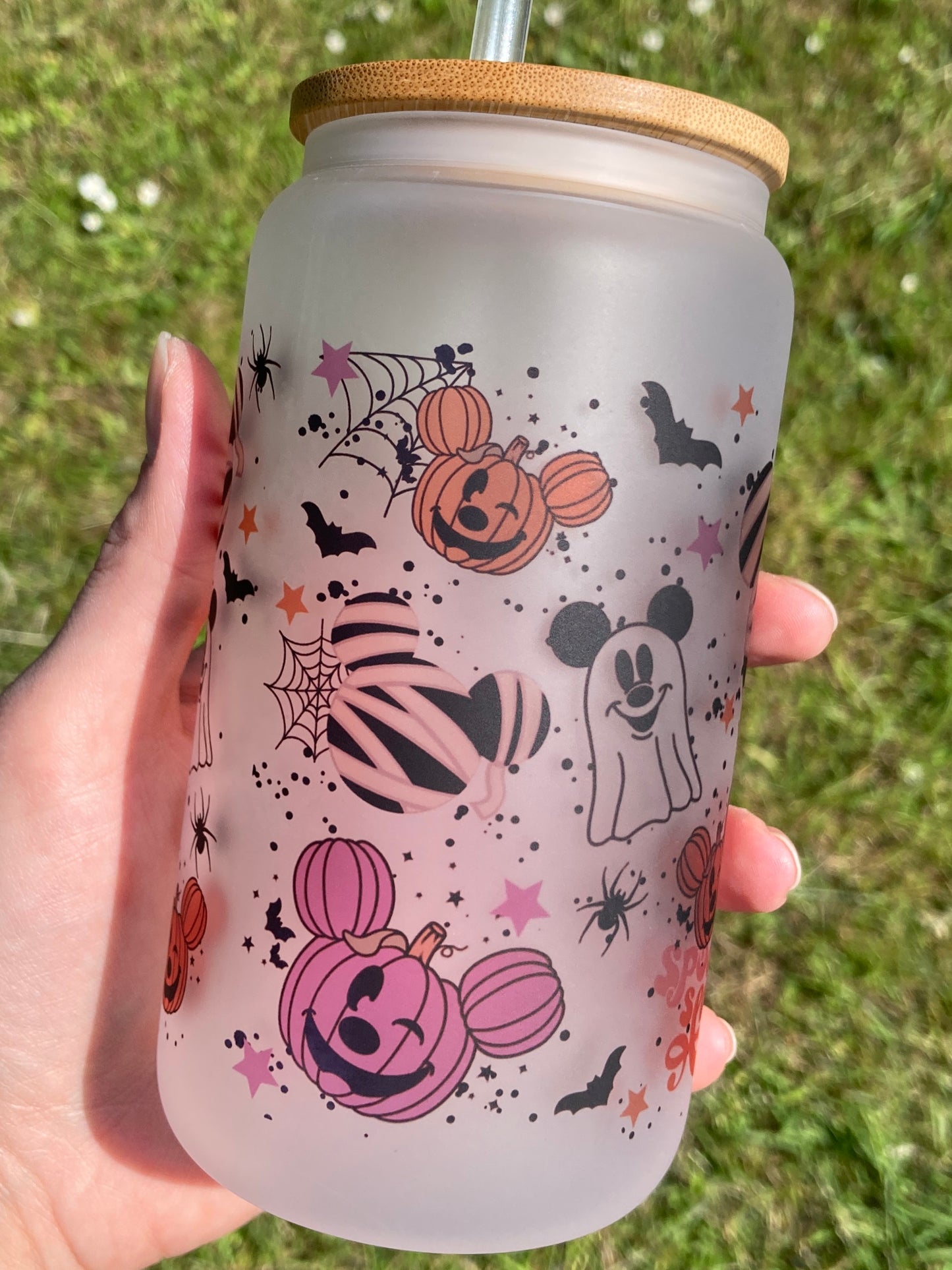 Halloween Mickey parks - Libbey cup - glass can with straw handmade