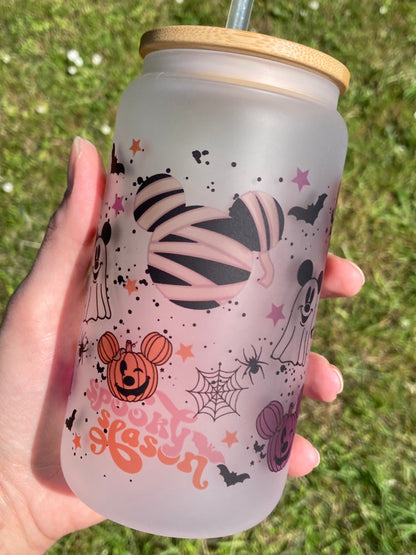 Halloween Mickey parks - Libbey cup - glass can with straw handmade