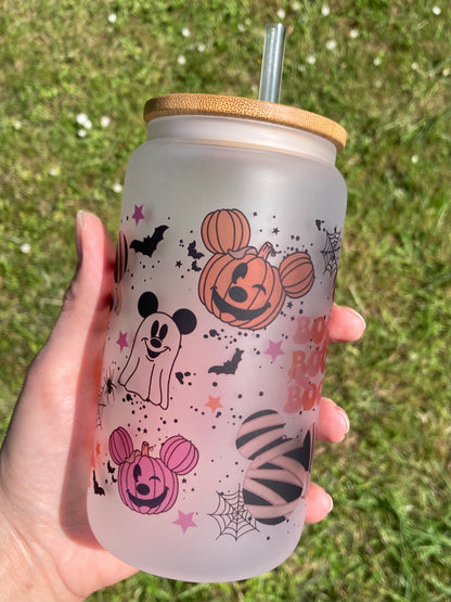 Halloween Mickey parks - Libbey cup - glass can with straw handmade