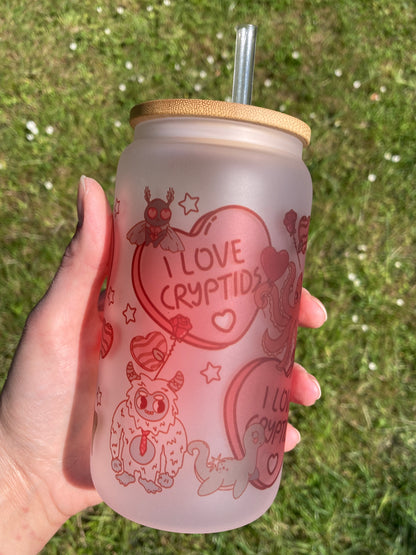 I Love Cryptids - Libbey cup - glass can with bamboo lid and glass straw