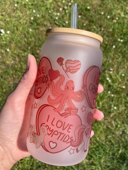 I Love Cryptids - Libbey cup - glass can with bamboo lid and glass straw