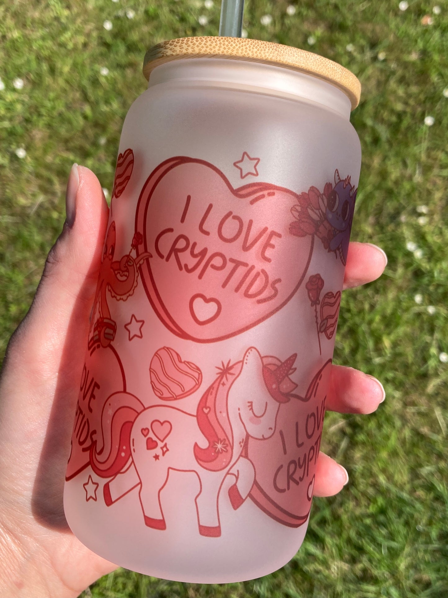 I Love Cryptids - Libbey cup - glass can with bamboo lid and glass straw