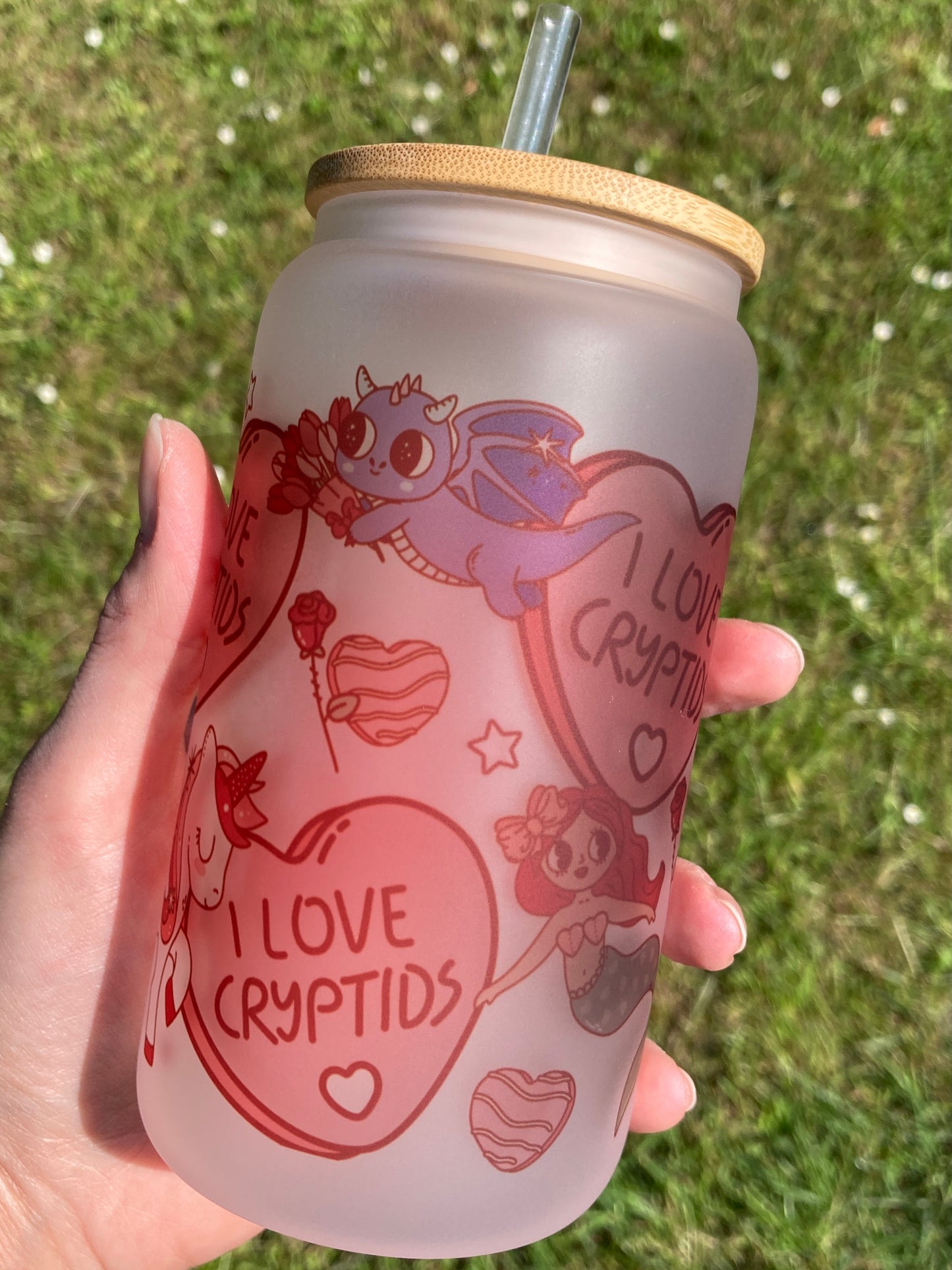 I Love Cryptids - Libbey cup - glass can with bamboo lid and glass straw