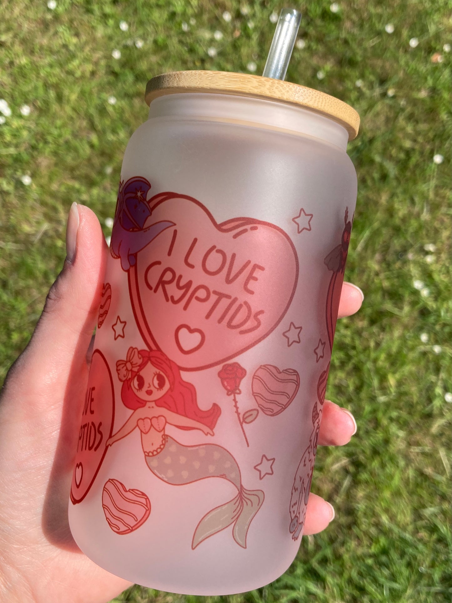 I Love Cryptids - Libbey cup - glass can with bamboo lid and glass straw