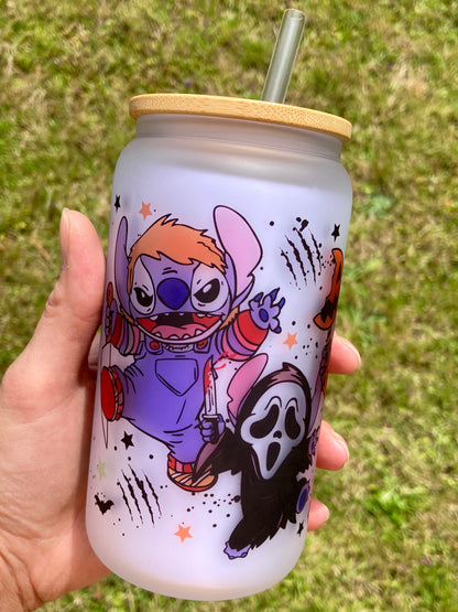 Cute Stitch Horror Movie Villains - Libbey cup - glass can with bamboo lid and glass straw