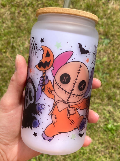 Cute Stitch Horror Movie Villains - Libbey cup - glass can with bamboo lid and glass straw