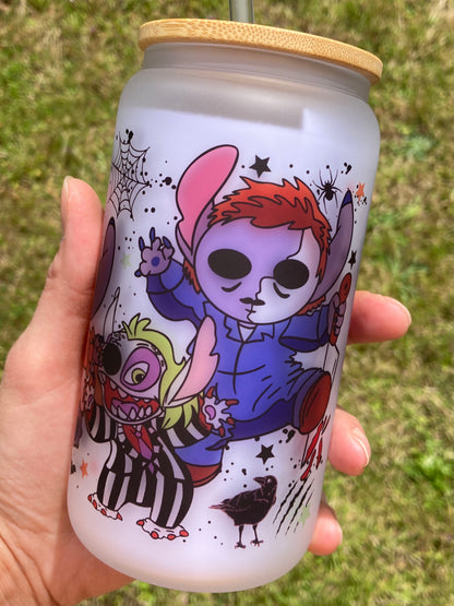 Cute Stitch Horror Movie Villains - Libbey cup - glass can with bamboo lid and glass straw