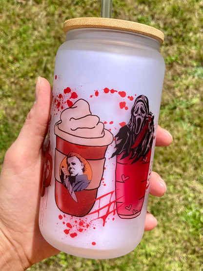Horror Villains - Libbey cup - glass can with bamboo lid and glass straw