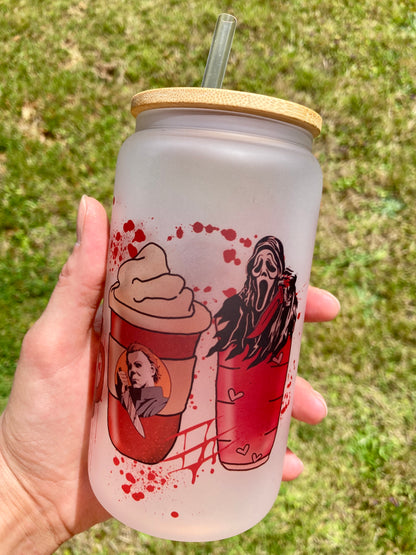 Horror Villains - Libbey cup - glass can with bamboo lid and glass straw