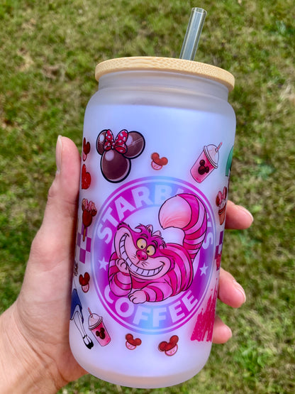 Starbucks Cheshire Cats - Alice in Wonderland - Libbey cup - glass can with bamboo lid and glass straw