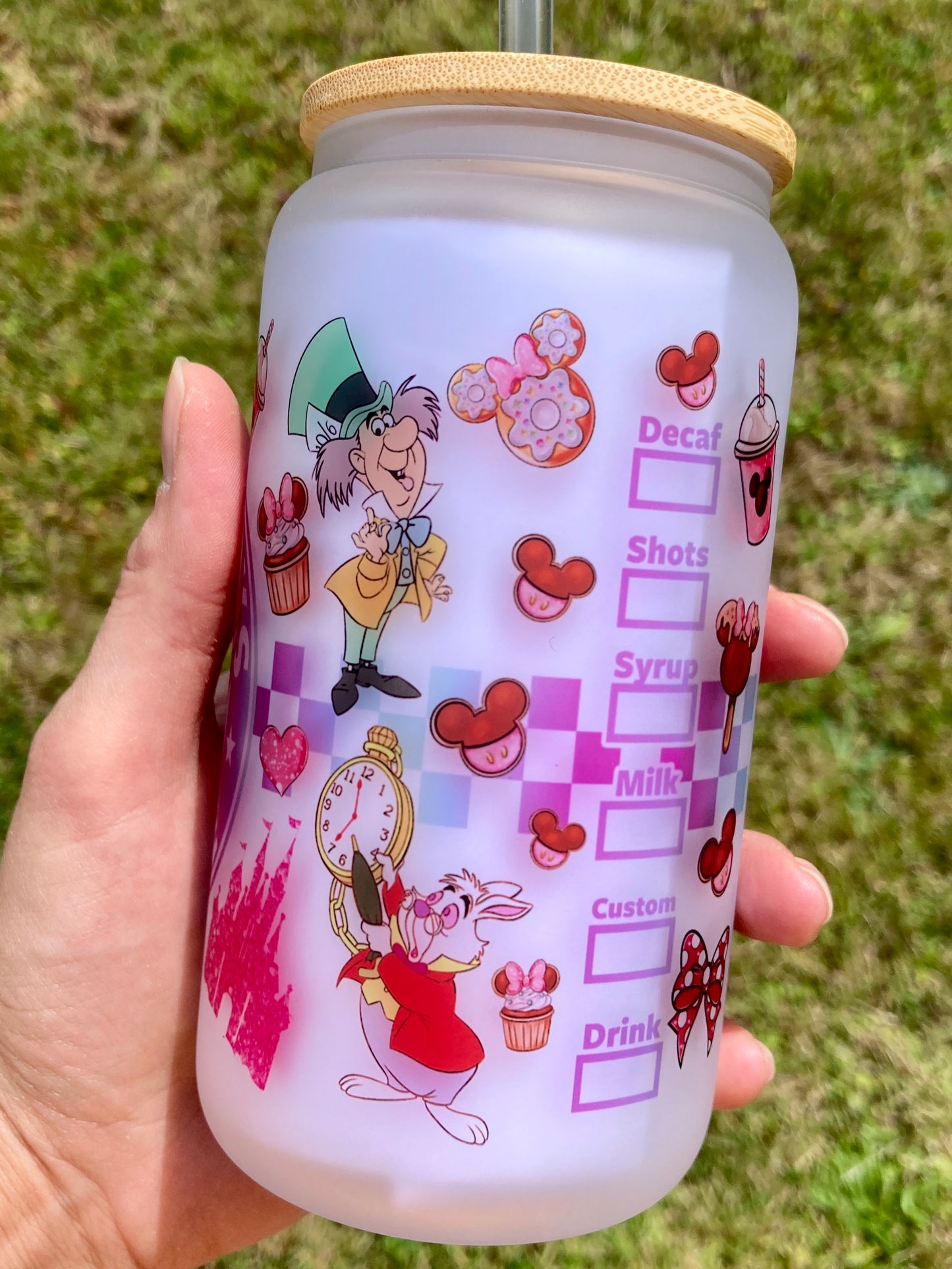 Starbucks Cheshire Cats - Alice in Wonderland - Libbey cup - glass can with bamboo lid and glass straw