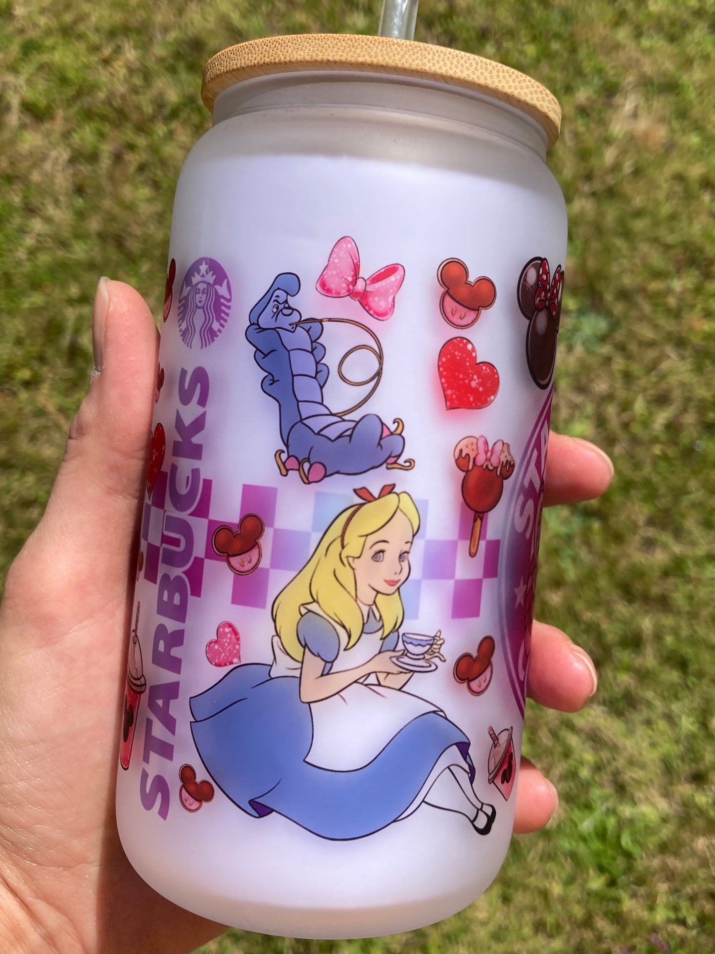 Starbucks Cheshire Cats - Alice in Wonderland - Libbey cup - glass can with bamboo lid and glass straw