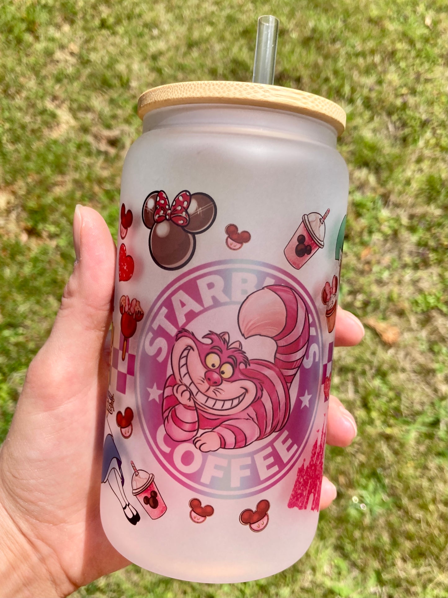 Starbucks Cheshire Cats - Alice in Wonderland - Libbey cup - glass can with bamboo lid and glass straw