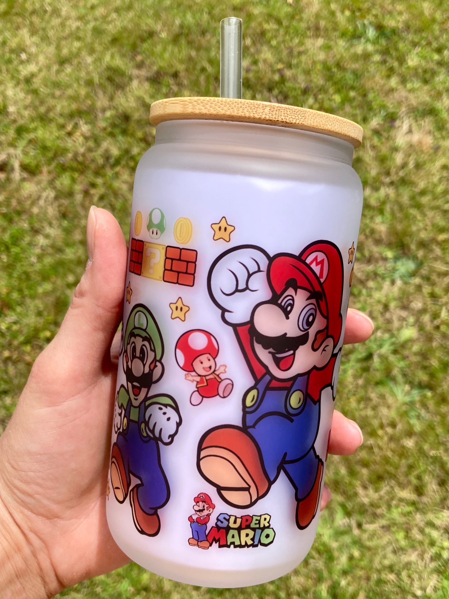 Mario Bros - Libbey cup - glass can with bamboo lid and glass straw
